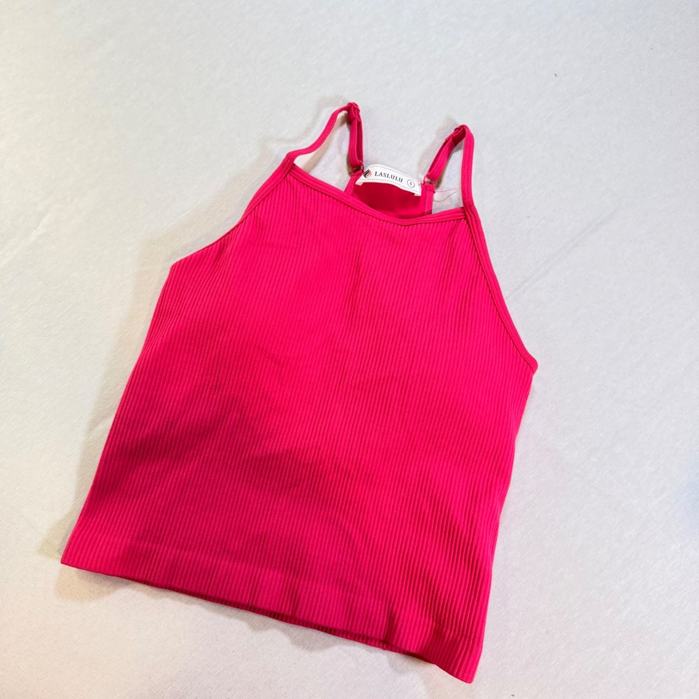 Laslulu Ribbed Cami Tank Top Women S Pink Built-in Bra Racerback Athleisure Crop